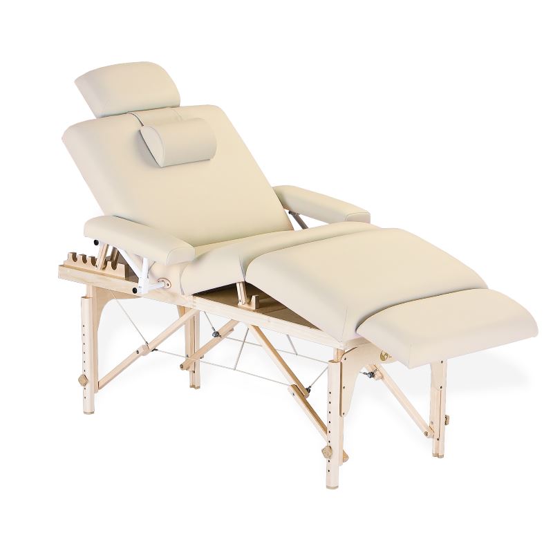 EarthLite Calistoga Portable Salon Table showing with included accessories in vanilla cream color.