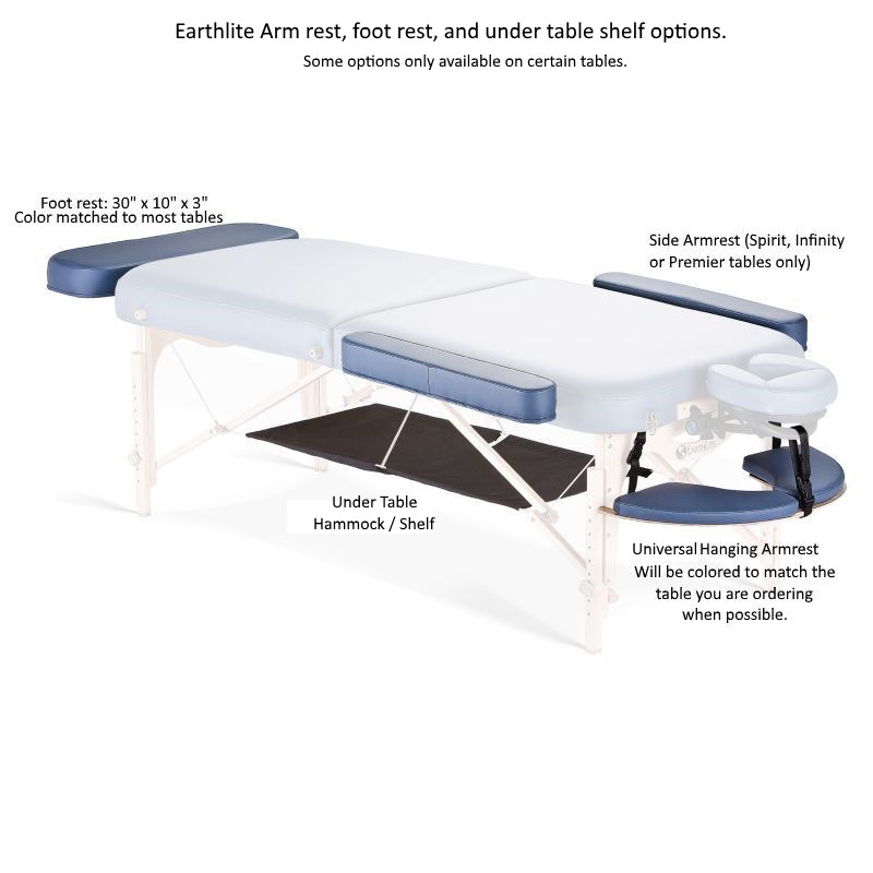 Image showing Earthlite armrest and foot rest and under table hammock shelf options.