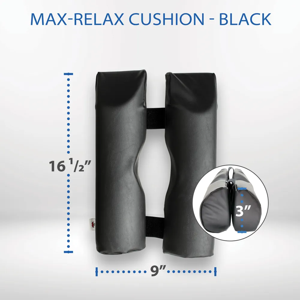 Image of the Max Relax Face Cushion top view with dimensions, shown in black vinyl upholstery.