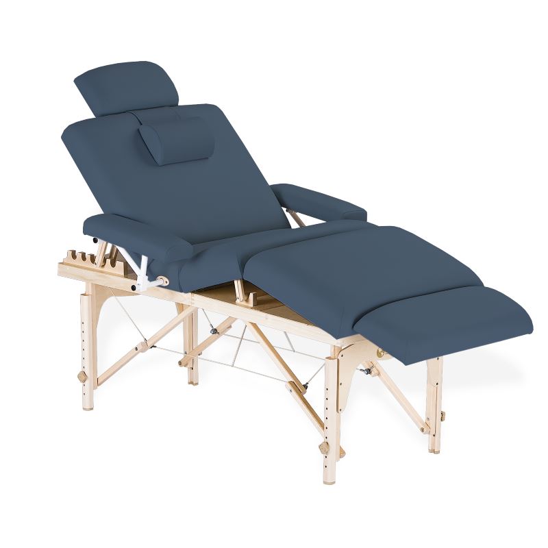 EarthLite Calistoga Portable Salon Table showing with included accessories in Mystic Blue