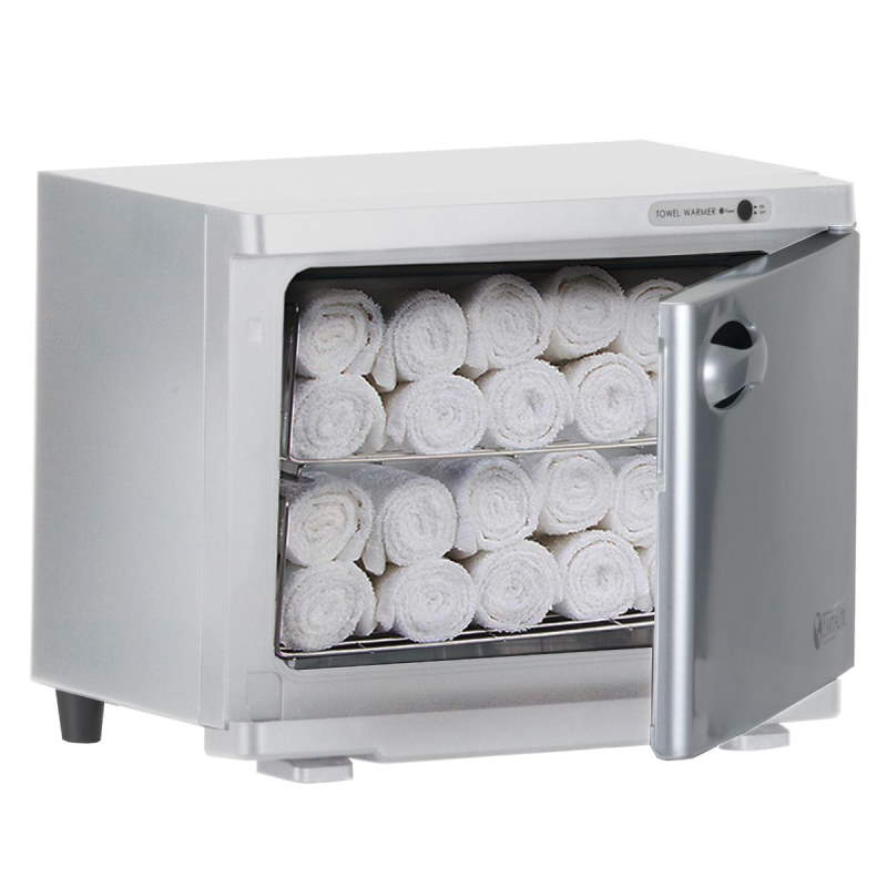 Image showing inside of medium Hot Towel Cabinet with towels, white color.