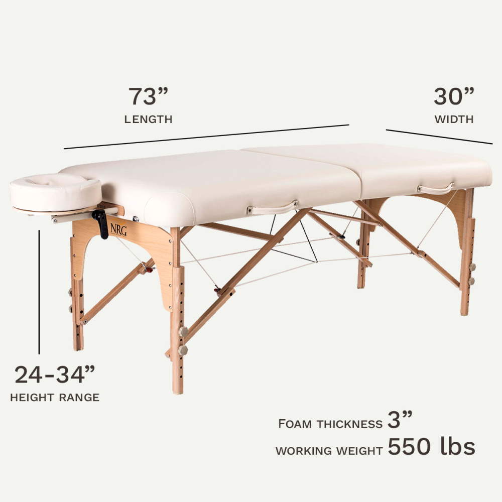 NRG Karma massage table in Vanilla Cream showing table dimensions