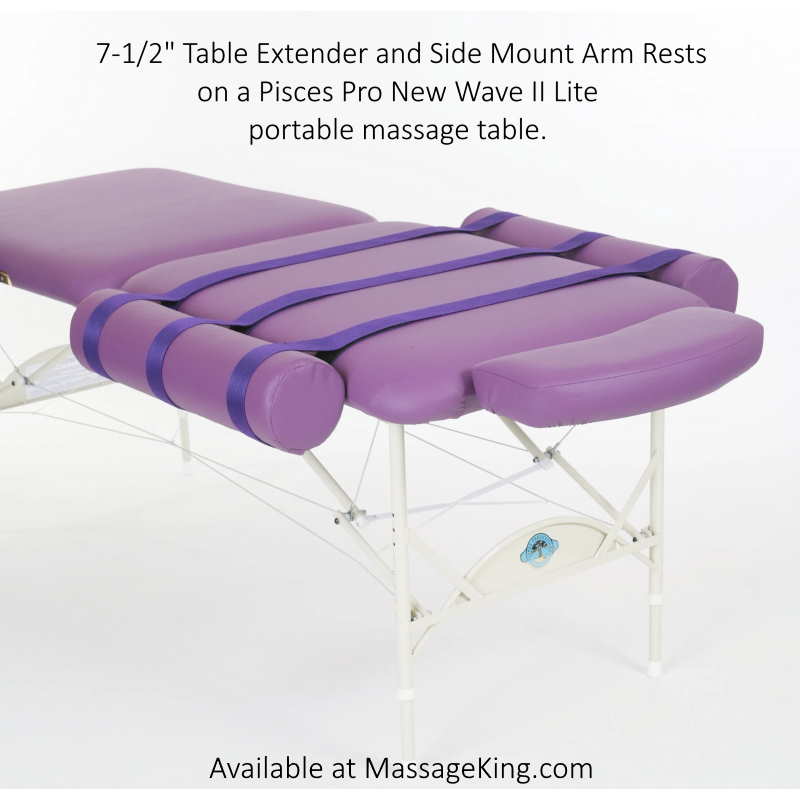 Table extender and side arm rest bolsters on a Pisces New Wave II Lite lightweight portable massage table. 