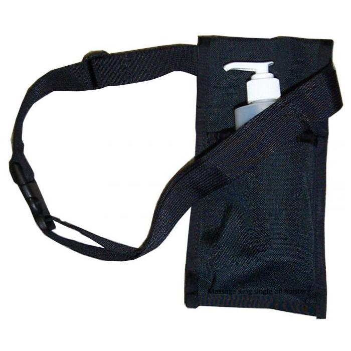 Single Oil Holster - Massage oil holster made with heavy duty nylon. Shows optional 8oz oil bottle and pump