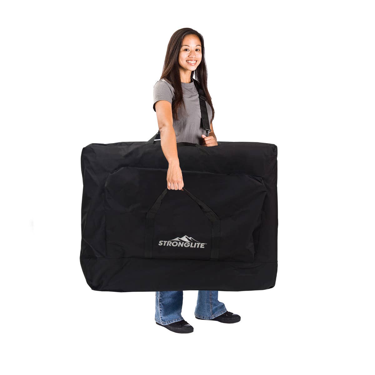 Stronglite portable massage table carrying case strap design and single pocket for accessories.