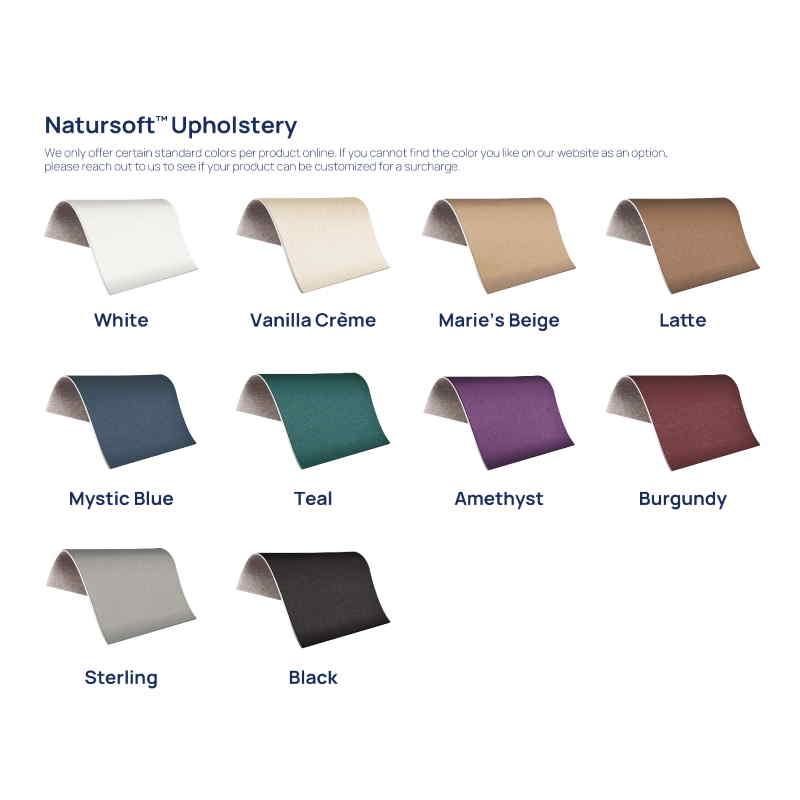 Color chart of the Earthlite NaturSoft vinyl accessories, massage bolsters, and massage tables.
