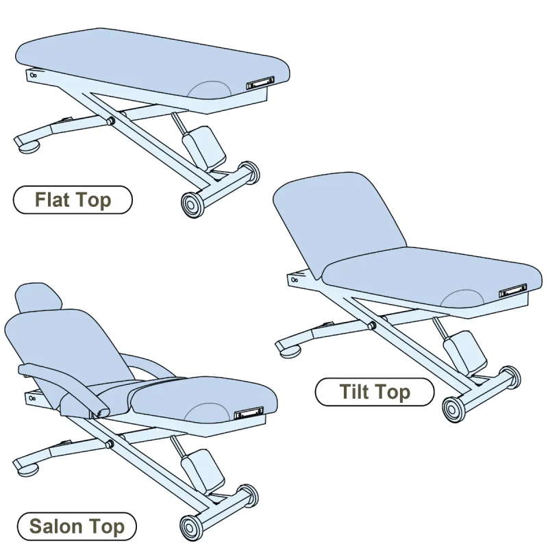 Drawing showing the 3 different table top options for the Earthlite Ellora lift table.