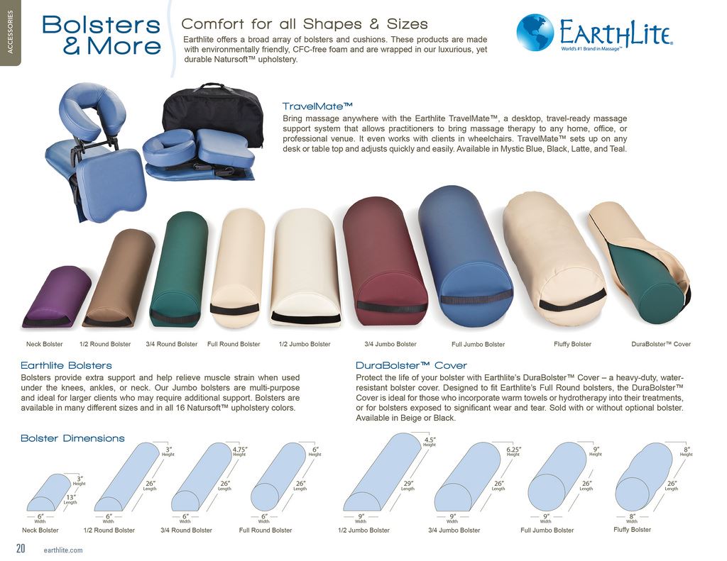 Bolster selection chart of Earthlite massage bolster pillows showing colors, shape, and sizes.