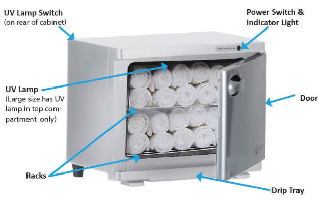 Diagram of features of the Earthlite Hot Towel Cabinet