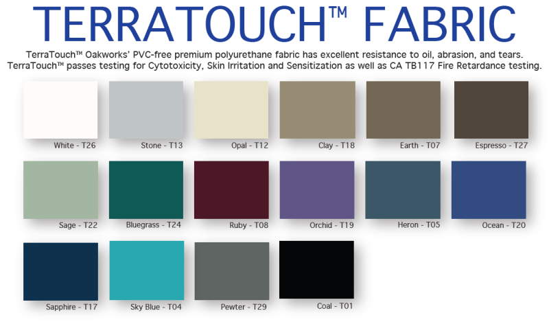 Picture of Oakworks Terratouch fabric colors for their massage therapy products. 
