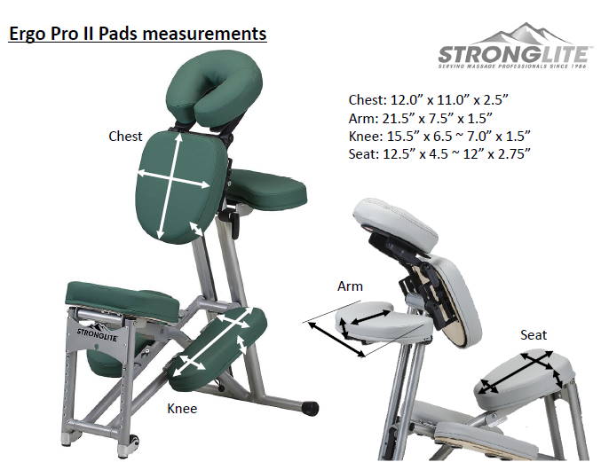 Pad size dimensions on the Stronglite Ergo Pro massage chair.