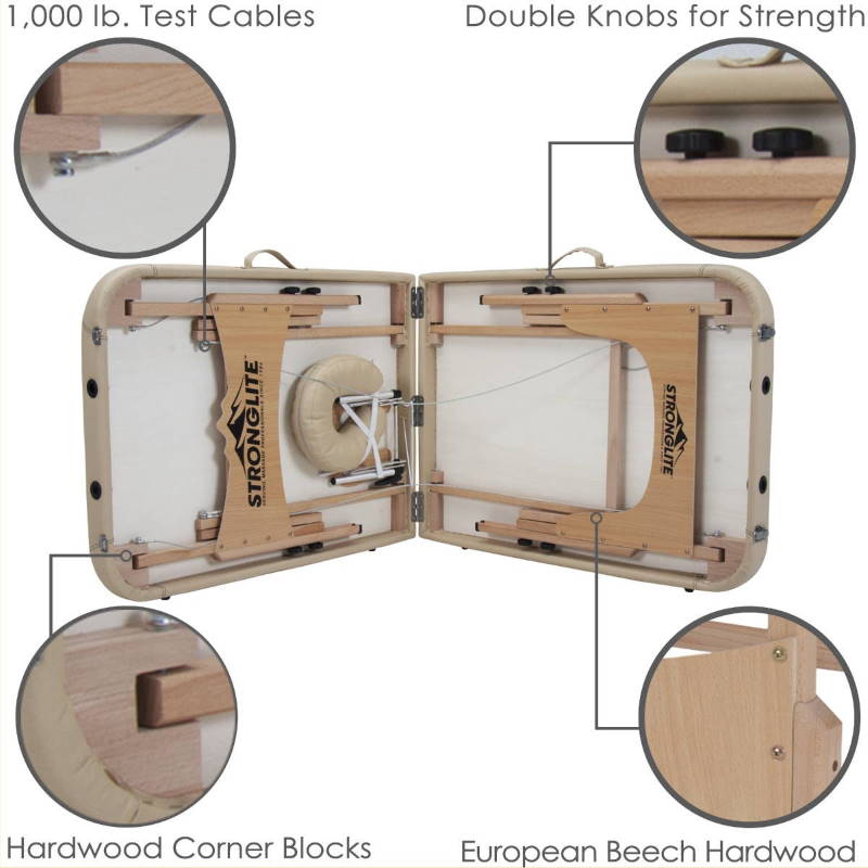 Picture of the closeup construction features and components of the Stronglite Shasta portable massage table.